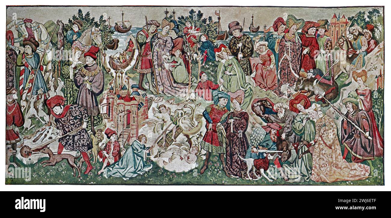 Watercolour painting of a restored 15th century tapestry at Hardwick (or Hardwicke) Hall, Derbyshire. Colour Illustration from the Connoisseur, an Illustrated Magazine for Collectors Voll 3 (May-Aug 1902) published in London. Stock Photo