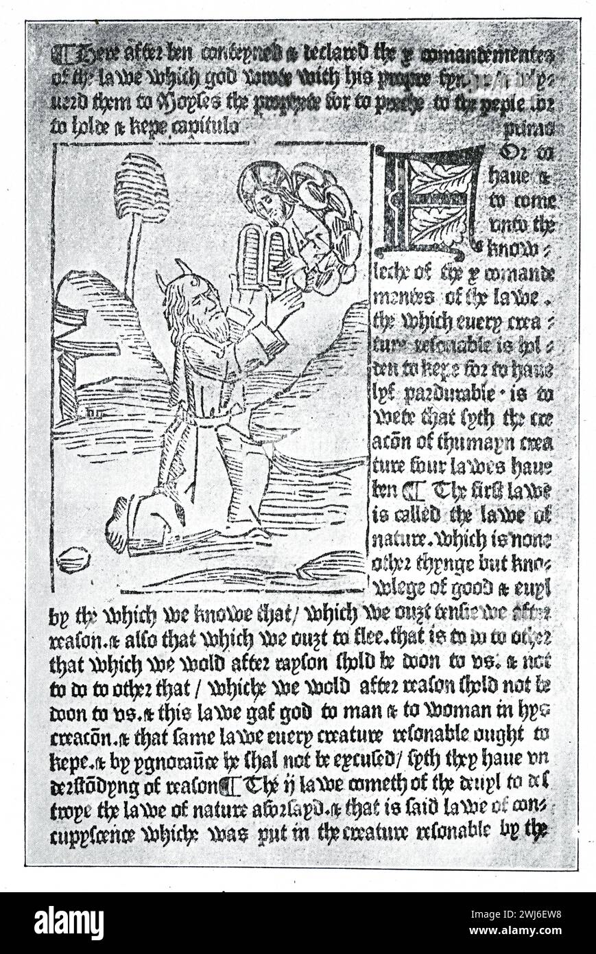 A page from William Caxton's Royal Book. Moses receives the 10 Commandments. Black and White Illustration from the Connoisseur, an Illustrated Magazine for Collectors Voll 3 (May-Aug 1902) published in London. Stock Photo