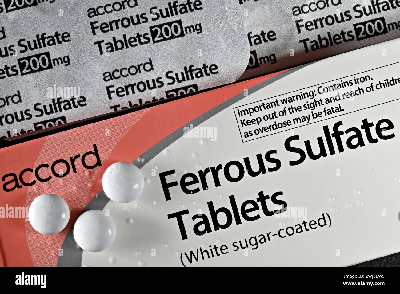 Ferrous Sulfate tablets - iron supplement to prevent low oxygen uptake by the red blood cells. 200mg Stock Photo