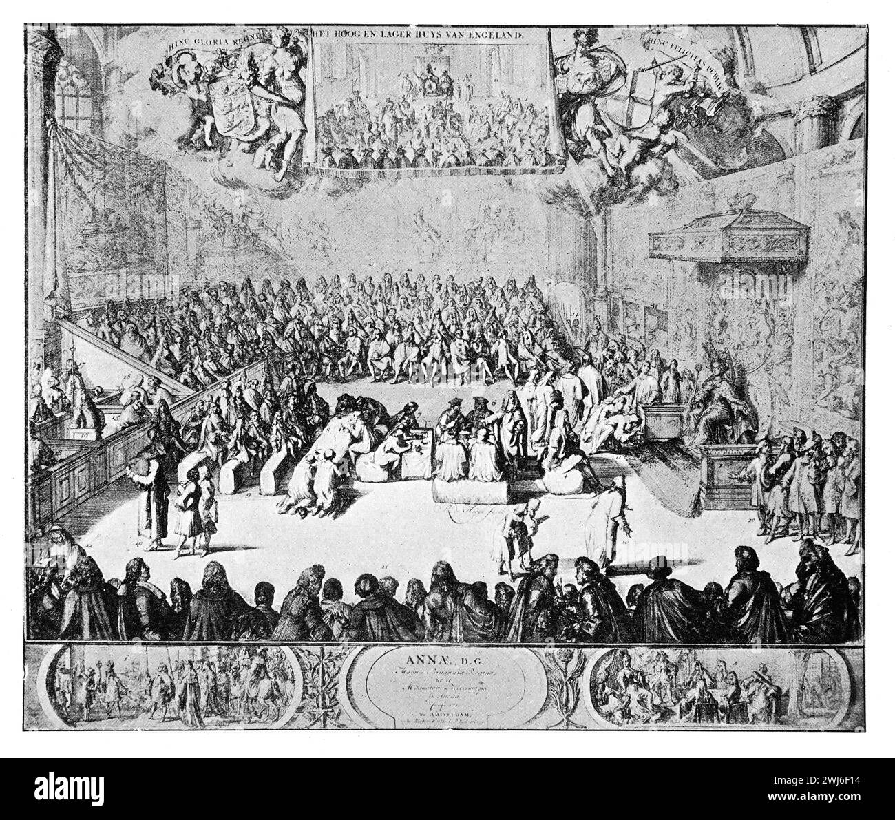 Queen Anne presiding in State over the House of Lords, earlly 18th century. Black and White Illustration from the Connoisseur, an Illustrated Magazine for Collectors Voll 3 (May-Aug 1902) published in London. Stock Photo