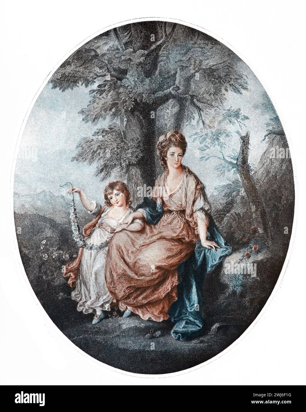 Portrait of Lady Rushout and her Daughter after Angelica Kauffmann, R.A. Colour Illustration from the Connoisseur, an Illustrated Magazine for Collectors Voll 3 (May-Aug 1902) published in London. Stock Photo