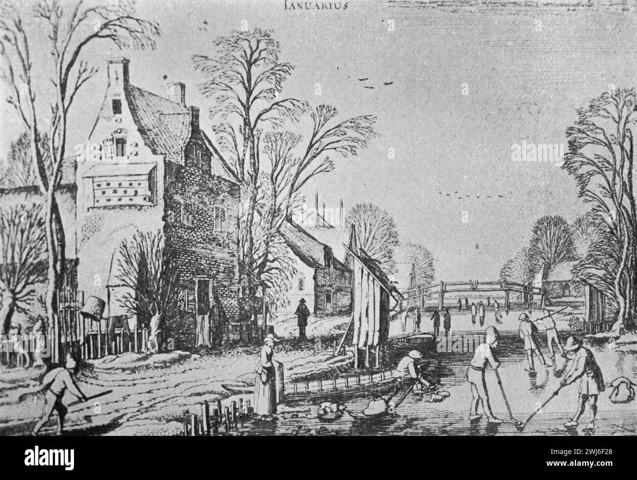 Engraving after Jan van de Velde. Golfing on a frozen canal in Holland. Black and White Illustration from the Connoisseur, an Illustrated Magazine for Collectors Voll 3 (May-Aug 1902) published in London. Stock Photo