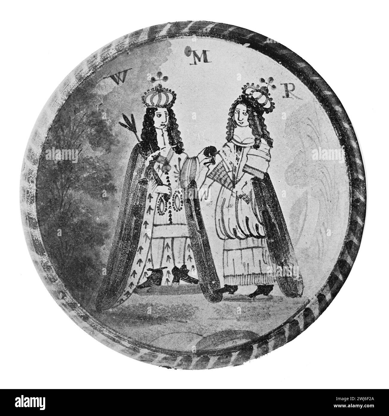 An old English Delft plate with a painting of William III of England and Queen Mary. 17th century. Black and White Illustration from the Connoisseur, an Illustrated Magazine for Collectors Voll 3 (May-Aug 1902) published in London. Stock Photo