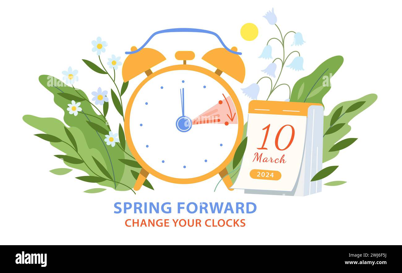Spring Daylight Saving Time Begins info banner. Turning forward an hour