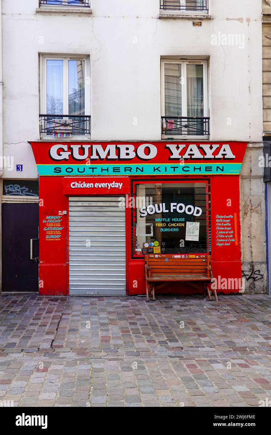 Gumbo Yaya, southern style, soul food, southern kitchen, restaurant, including chicken and waffles, in the 10th arrondissement, Paris, France. Stock Photo