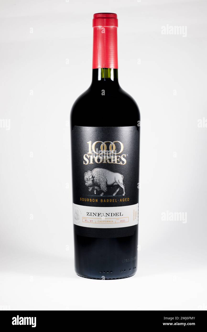 Bottle of 1000 Stories Bourbon Barrel Aged Californian Zinfandel Red Wine Batch Number 87 Vintage 2021 Stock Photo