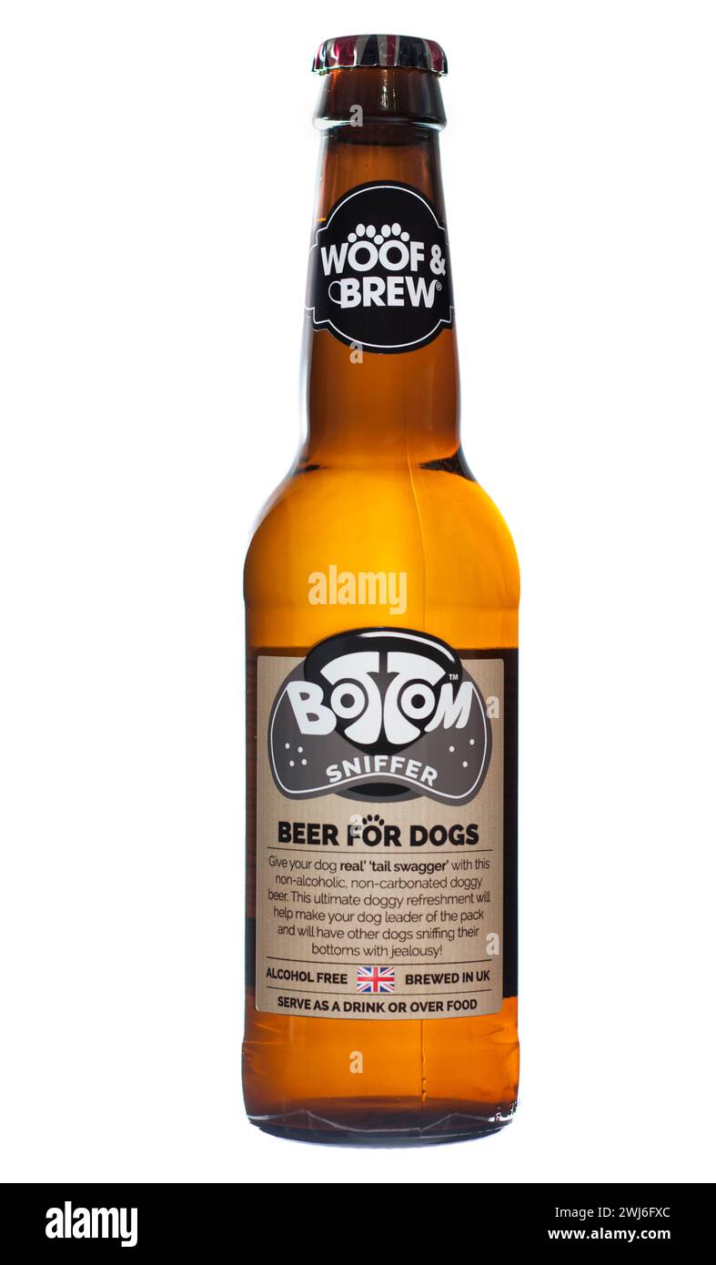 330ml Bottle of Woof and Brew Bottom Sniffer Beer for Dogs on a white background Stock Photo