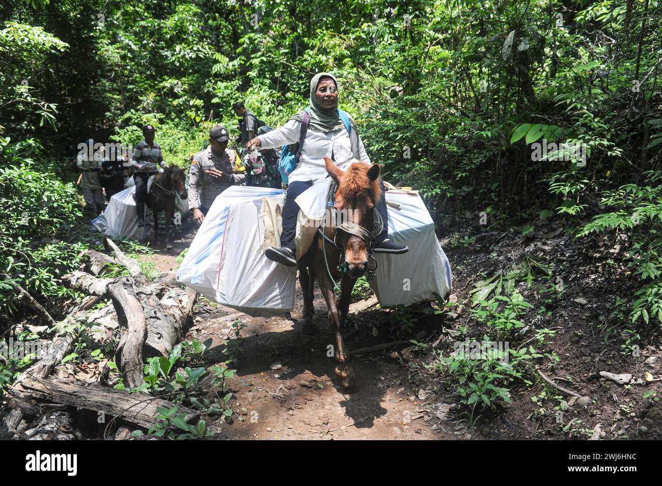 Jember, Indonesia. 13th Feb, 2024. Staff members deliver ballot boxes to remote areas on horse back at Meru Betiri National Park in Jember, East Java, Indonesia, on Feb. 13, 2024. Indonesia's 2024 presidential election will be held on Feb. 14. Credit: Sahlan Kurniawan/Xinhua/Alamy Live News Stock Photo