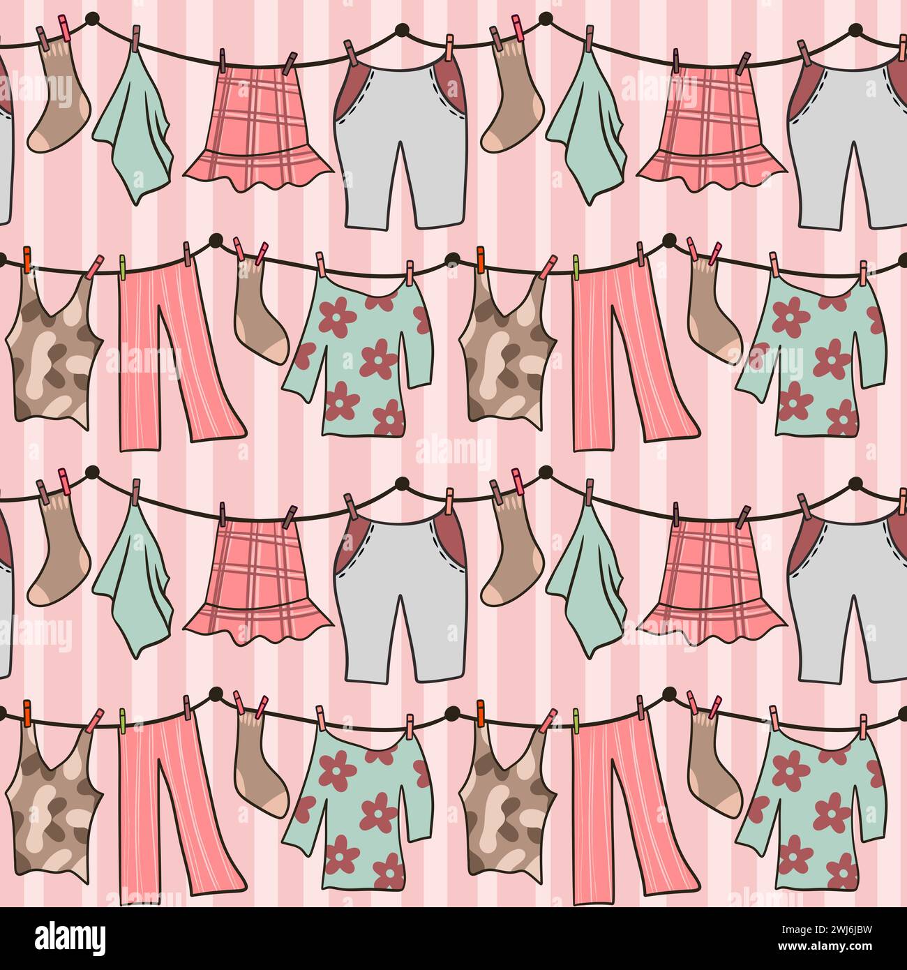 Hand drawn seamless pattern with pink pastel laundry clothesline hanging clothes. Dress pants socks on string line drying dry summer housework in beige orange green, cotton fabric fashion background Stock Photo