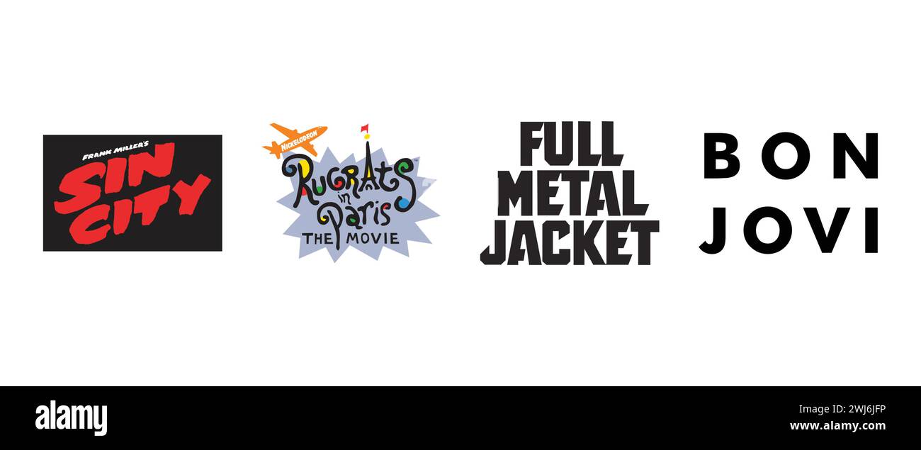 Rugrats in Paris , Bon jovi, Full Metal Jacket , Sin City. Vector illustration, editorial logo. Stock Vector
