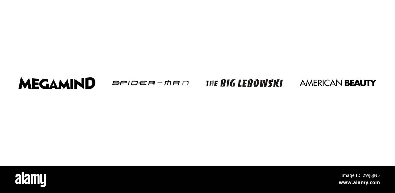 Megamind, Spider Man, The Big Lebowski, American Beauty. Vector illustration, editorial logo. Stock Vector