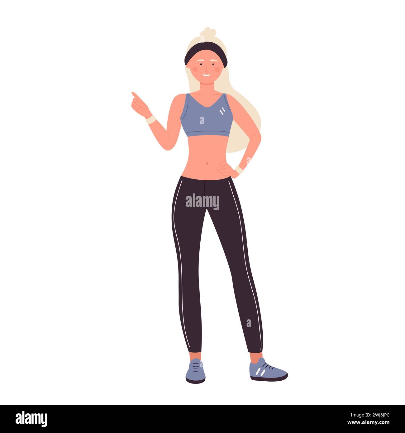 Pointing woman coach. Gym fitness trainer, aerobics training, sport practice vector illustration Stock Vector