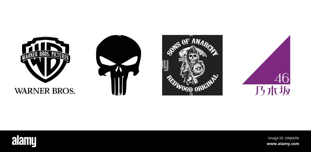 The Punisher, Sons of Anarchy, Nogizaka 46, Warner Bros Pictures. Vector illustration, editorial logo. Stock Vector