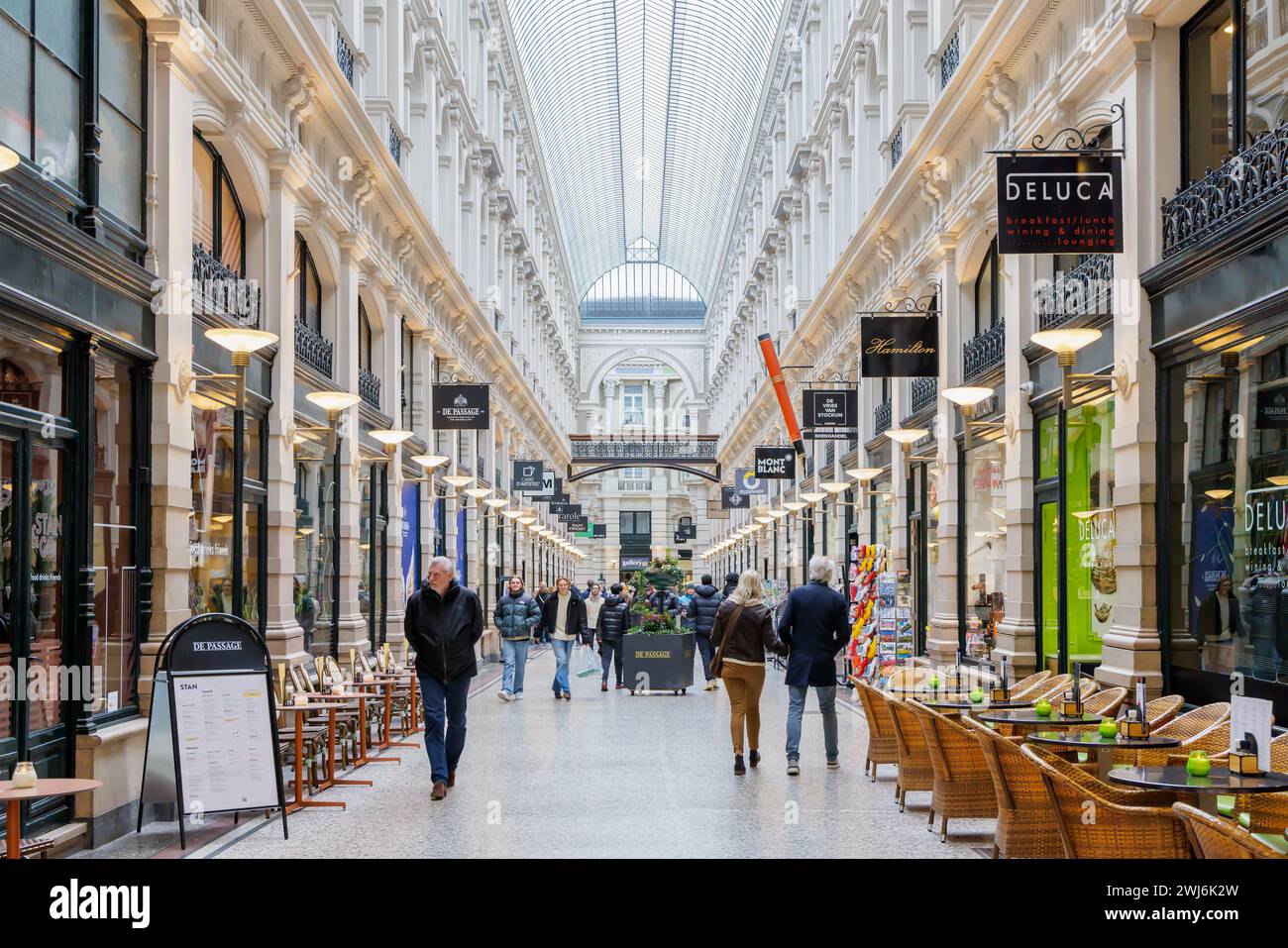 The Hague, The Netherlands - January 31, 2024: View at the indoor ancient mall Haagsche Passage in the city centre of The Hague, The Netherlands Stock Photo