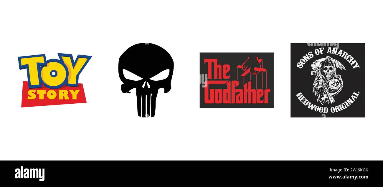 The Punisher, Toy Story, The Godfather , Sons of Anarchy. Vector illustration, editorial logo. Stock Vector