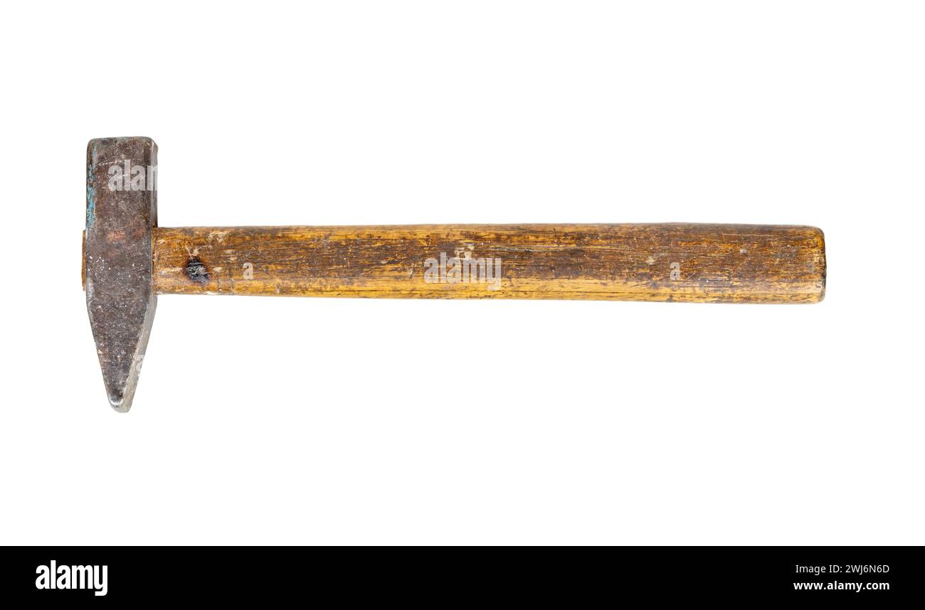Used Tools. A metal hammer with claw head. A worn marked wooden handle ...