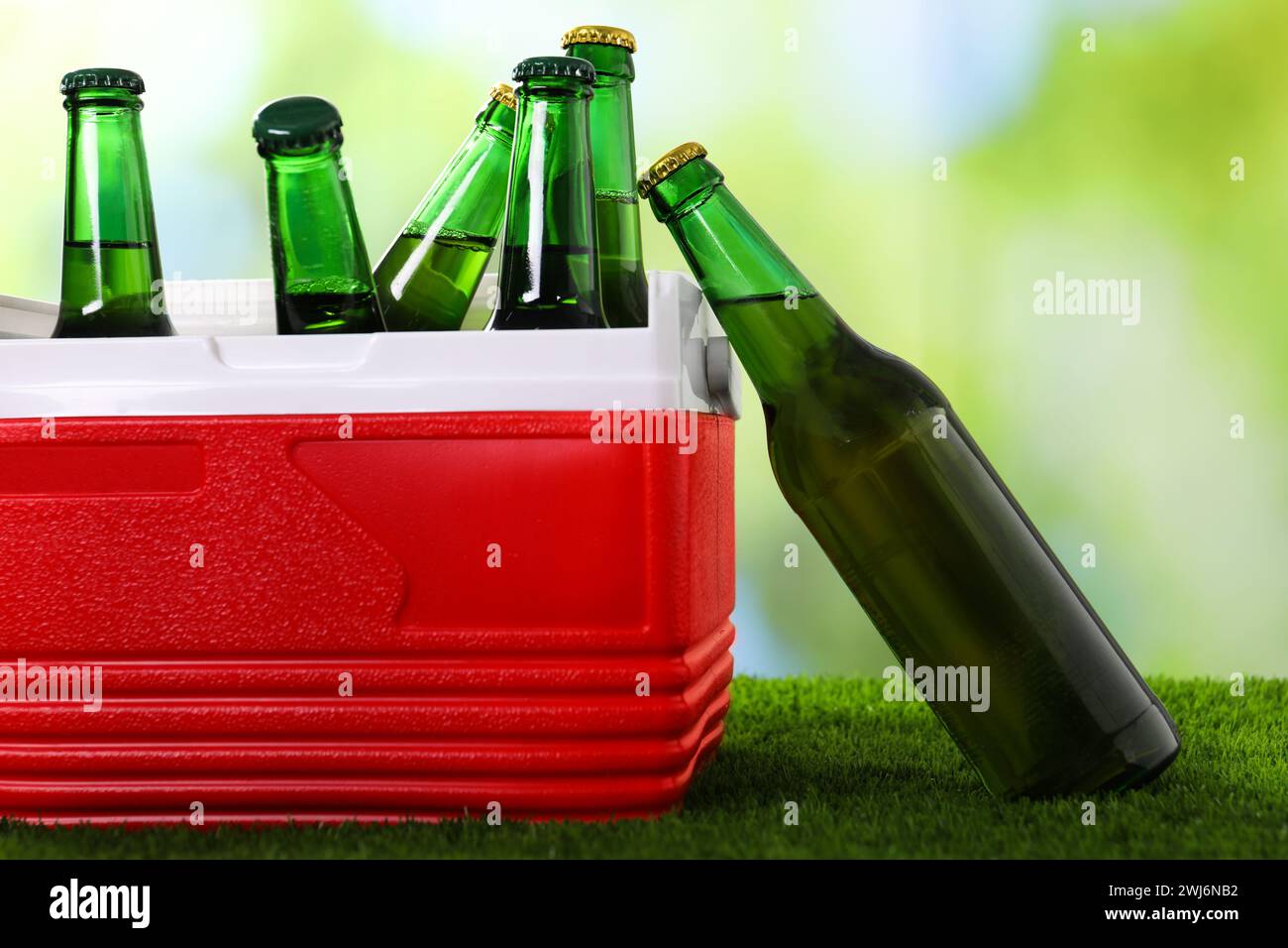 Plastic cool box with glasses of drink on artificial grass, closeup Stock Photo