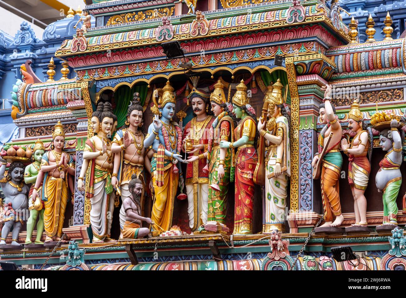 Colourful statues of Hindu religious deities at the Sri Krishnan Temple, a beautiful Hindu temple on Waterloo Street, Singapore Stock Photo