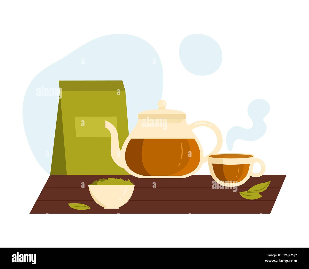 Serving natural green tea. Tea production, dried organic tea leaves