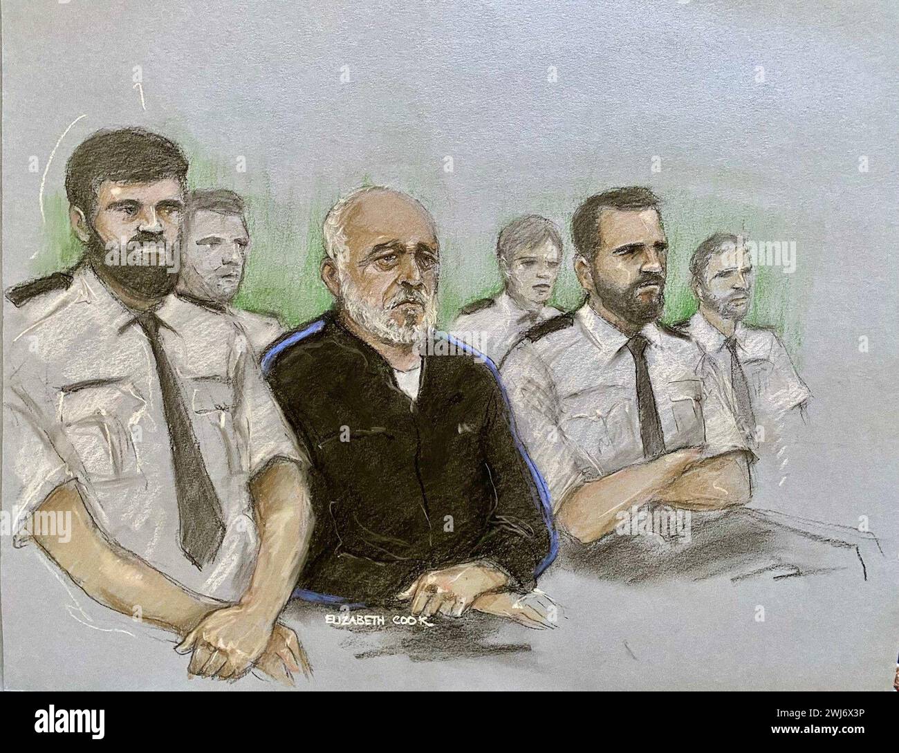 Court artist drawing by Elizabeth Cook of Piran Ditta Khan appearing at Leeds Crown Court charged with the 2005 murder of Police Constable Sharon Beshenivsky in Bradford. Picture date: Monday February 12, 2024. Stock Photo