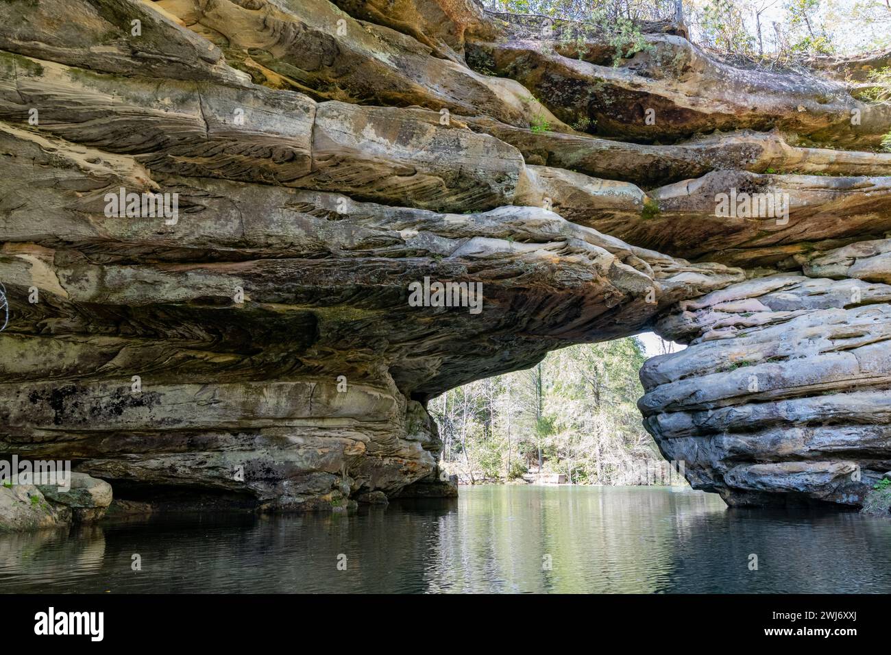 Natural Bridge over Lake in Pickett CCC Memorial State Park, TN Stock