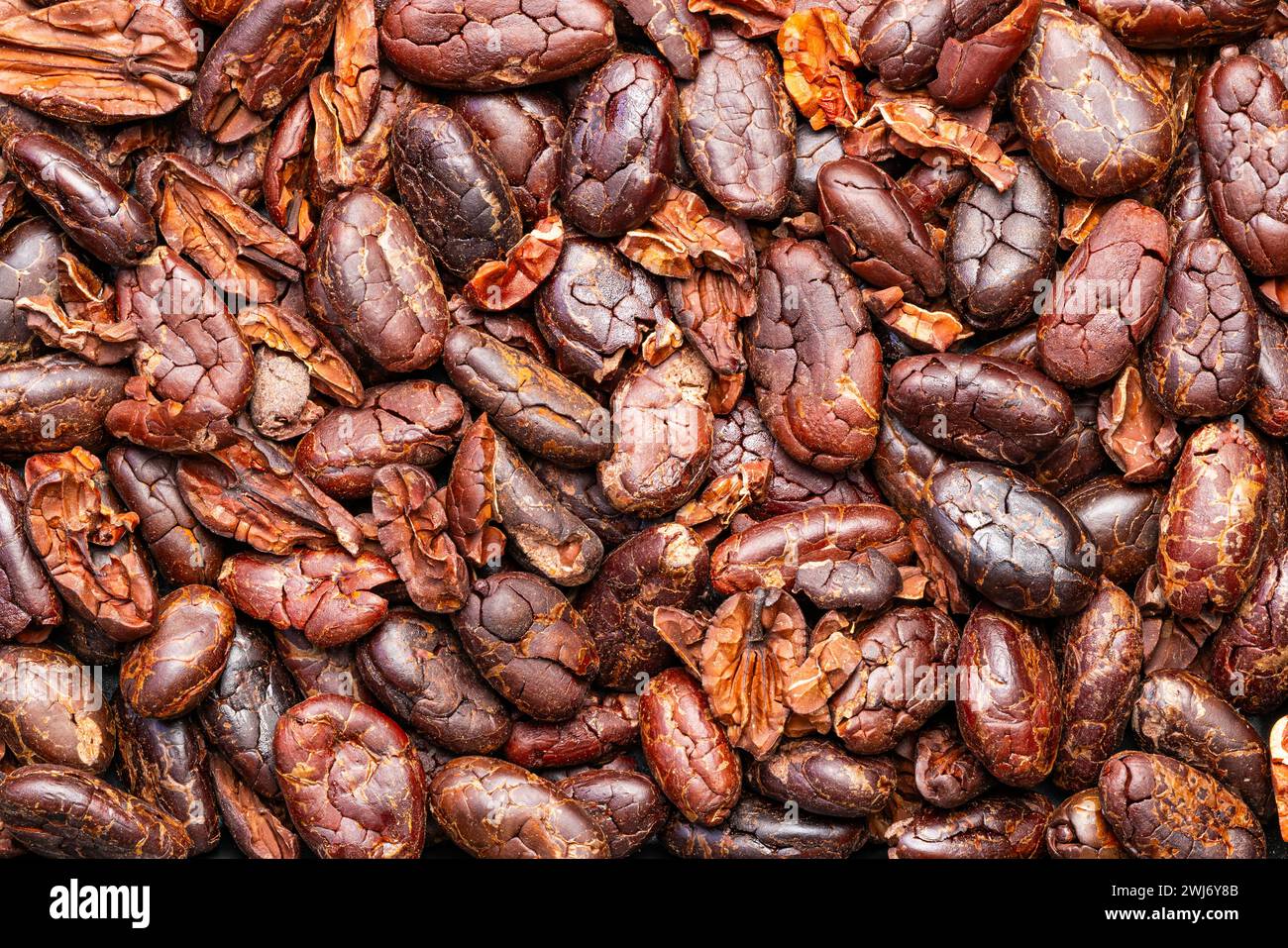 Top view, closeup pile of dry roasted crispy cacao nibs background