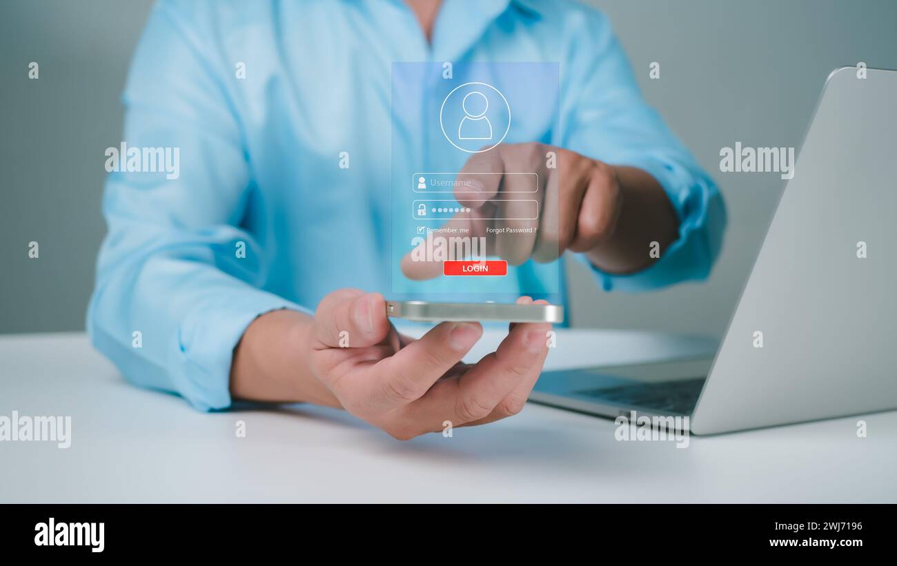 Cyber security and password login concept, Businessman uses smartphone and entering username and password of data network, Online data protection conc Stock Photo