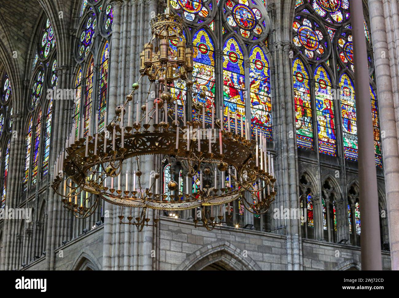 Saint-Denis, France. Feb 13, 2024: Today, the new spire of Notre-Dame de Paris is visible in the French capital's sky and will be fully unveiled in time for the Olympic Games where 15.3 million visitors are expected but the cathedral will not reopen until Dec 8, 2024. Tourists interested in religious art will discover that the Basilica Cathedral of Saint-Denis, also a masterpiece of Gothic architecture, has nothing to envy of its cousin N-D. This royal necropolis contains 32 queens, 60 princes/princesses and 43 kings of France sumptuous recumbents and tombs.Credit: Kevin Izorce/Alamy Live News Stock Photo