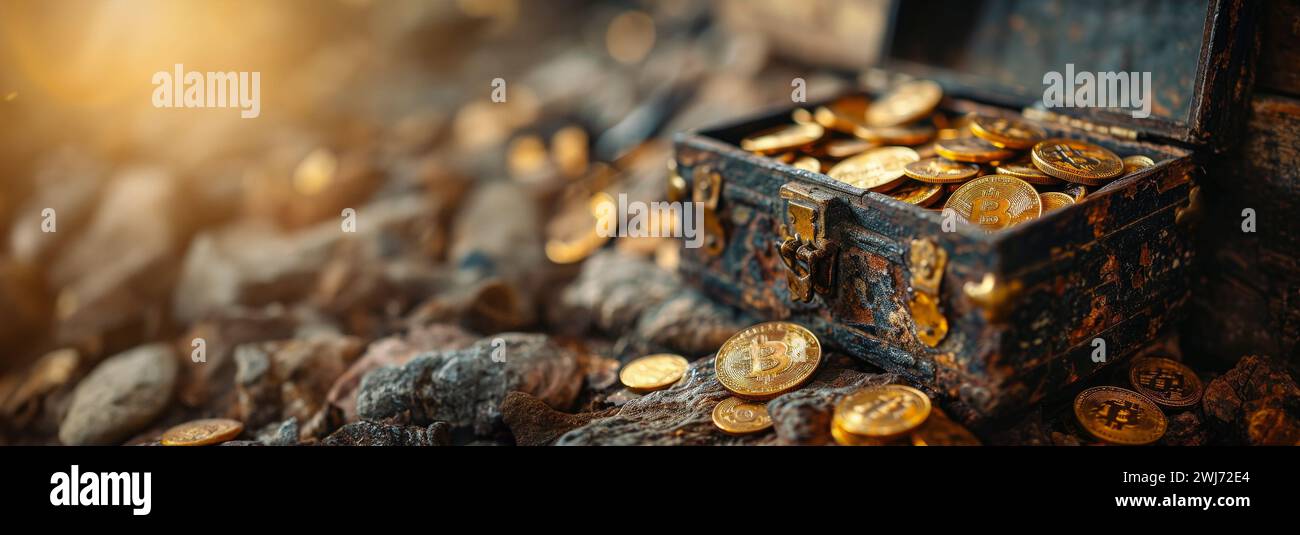 Cryptocurrency Treasure Chest: Unlocking Wealth with Bitcoin and Blockchain, Investing in Digital Gold: Bitcoin, Cryptocurrency, and the Treasure Hunt Stock Photo