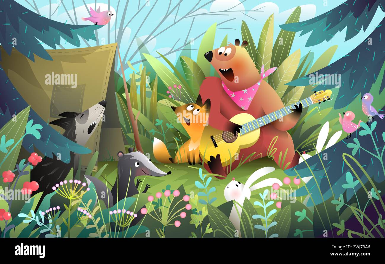 Bear and Animals Camping in Pine Forest Sing Song Stock Vector Image