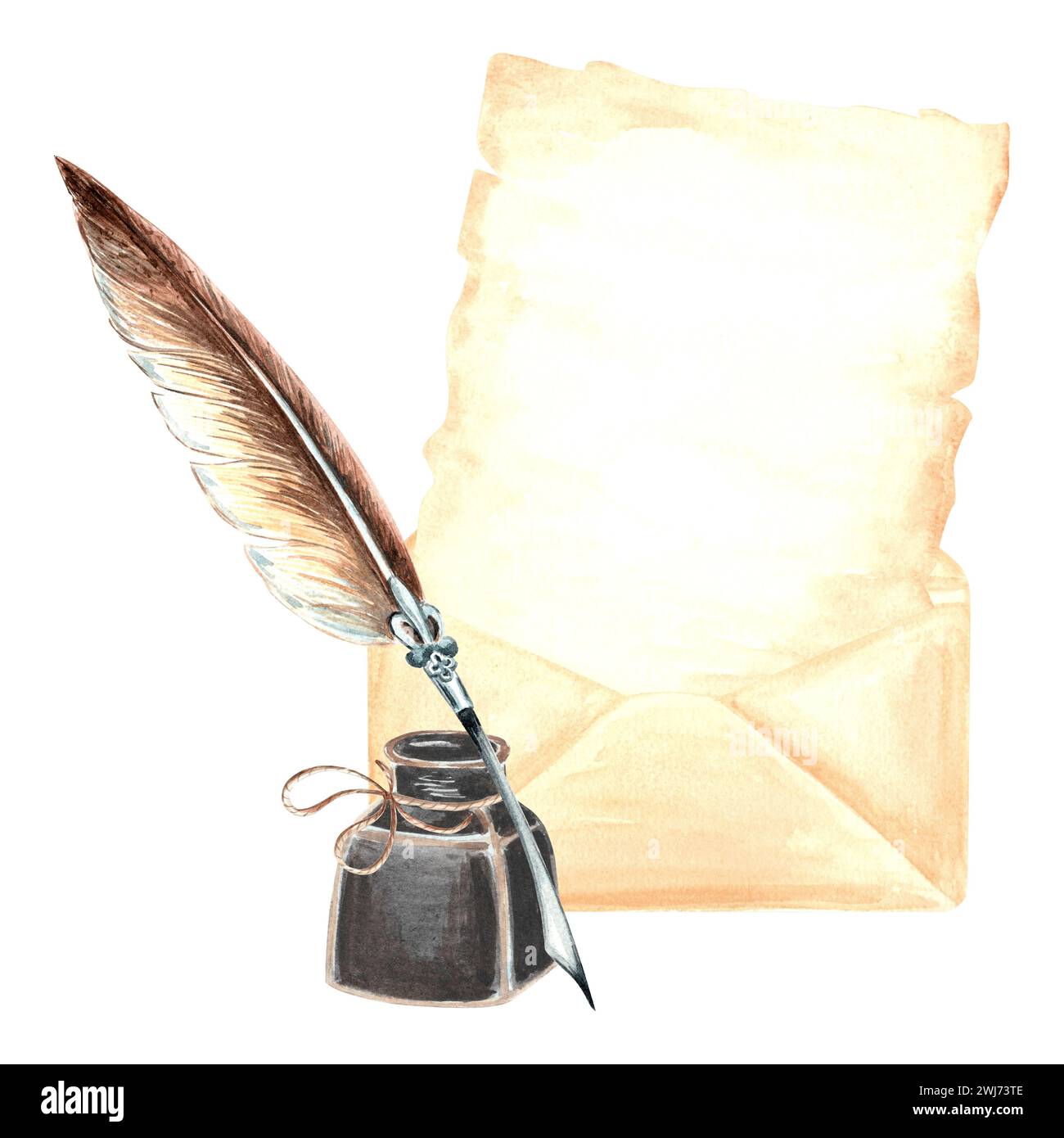 Sheet of parchment paper in envelop and inkwell with feather pen. Vintage writing supplies. Template retro illustration of old stationery. Isolated ha Stock Photo