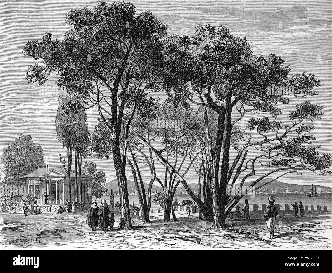 Gardens at Topkapi Palace with View over the Golden Horn and the Bosphorus Straits or Bosporus Strait at Seraglio Point or Sarayburnu, Istanbul Turkey. Vintage or Historic Engraving or Illustration 1863 Stock Photo