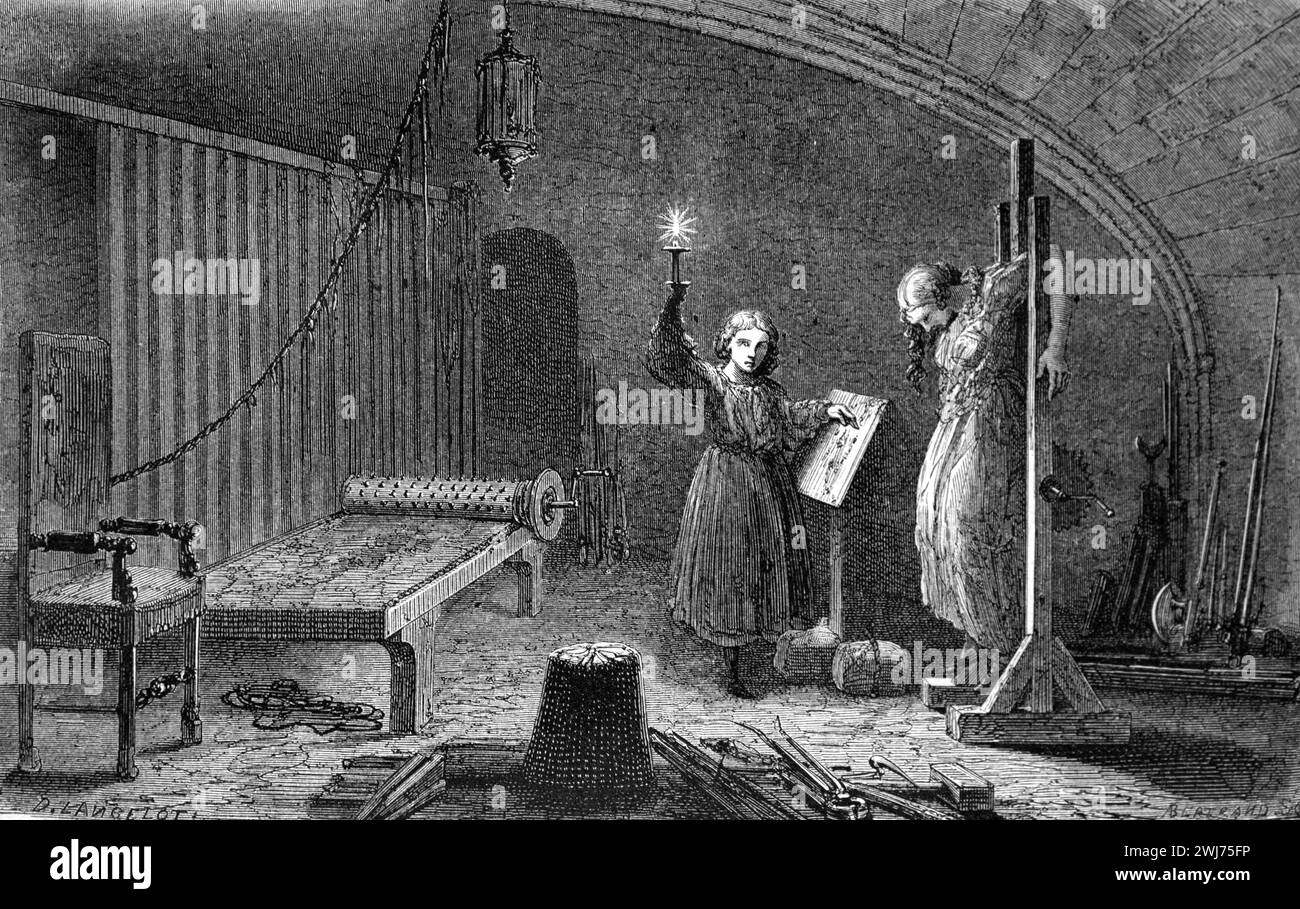 Torture Chamber or Torture Room in the Imperial Diet Museum, or Old Town Hall, Regensburg, formerly Ratisbon, Bavaria, Germany. Vintage or Historic Engraving or Illustration 1863 Stock Photo