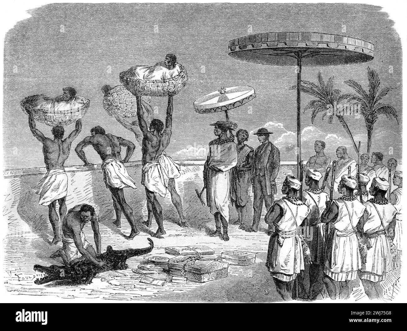 Human Sacrifice where Victims from Rival Tribes were Thrown to Dahomey People from the Royal Palaces of Abomey of the Kingdom of Dahomey, now Benin, West Africa. Vintage or Historic Engraving or Illustration 1863. An eye witness reported, on 29 July 1862, of the custom in the King's Palace (of King Ghezo),of  throwing victims from two raised platforms. Each platform held 16 captives and four horses. On a third platform were four horses, a crocodile and 16 women. The men and women had been captured in Ishaga Nigeria. Stock Photo