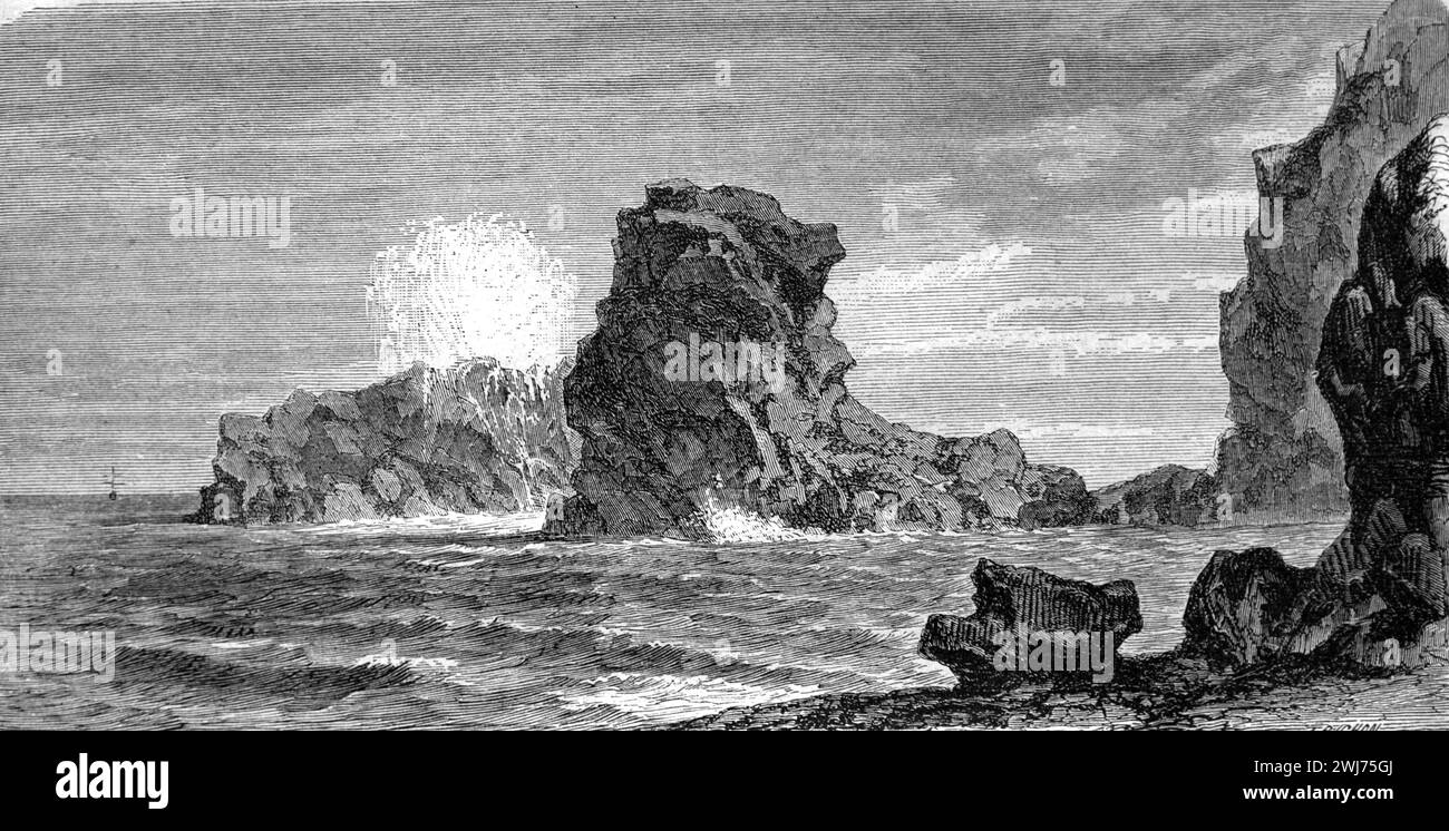 Le Souffleur or Blowhole, Rough Seas, Waves and Rocky Coast or Coastline of southern Mauritius. Vintage or Historic Engraving or Illustration 1863 Stock Photo