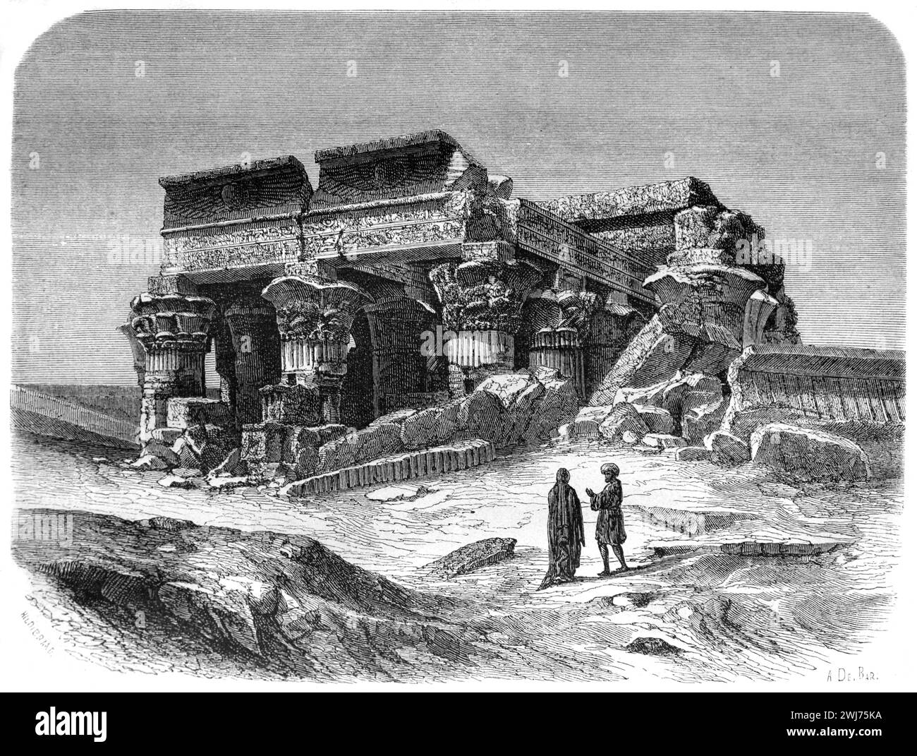 Ruins of the Temple of Kom Ombo (before reconstruction), an Ancient Double Egyptian Temple (180-47BC) in Kom Ombo, Aswan Govornate, Upper Egypt. Vintage or Historic Engraving or Illustration 1863 Stock Photo