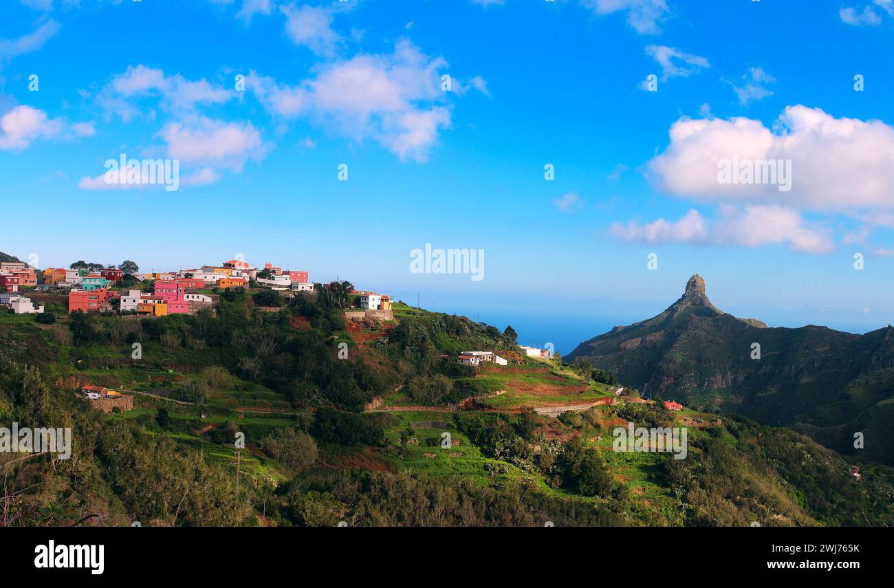 Panoramic view over Las Carboneras with Roque de Taborno in the Anaga mountains (Tenerife, Spain) Stock Photo