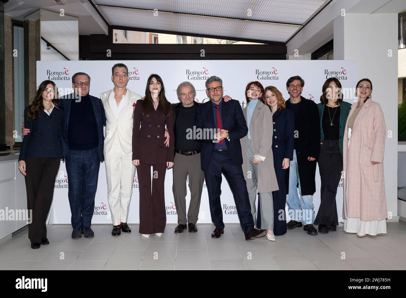 Rome, Italy. 10th Feb, 2024. The cast is posing during the photocall of the movie ''Giulietta e Romeo'' at the Hotel Visconti in Rome, Italy, on February 13, 2024. (Photo by Domenico Cippitelli/NurPhoto) Credit: NurPhoto SRL/Alamy Live News Stock Photo