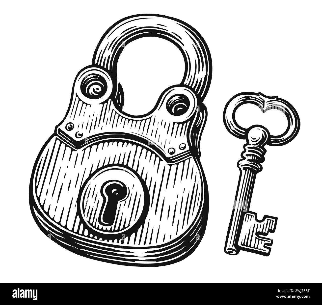 Closed lock with key. Padlock and keyhole. Hand drawn sketch vintage vector illustration Stock Vector