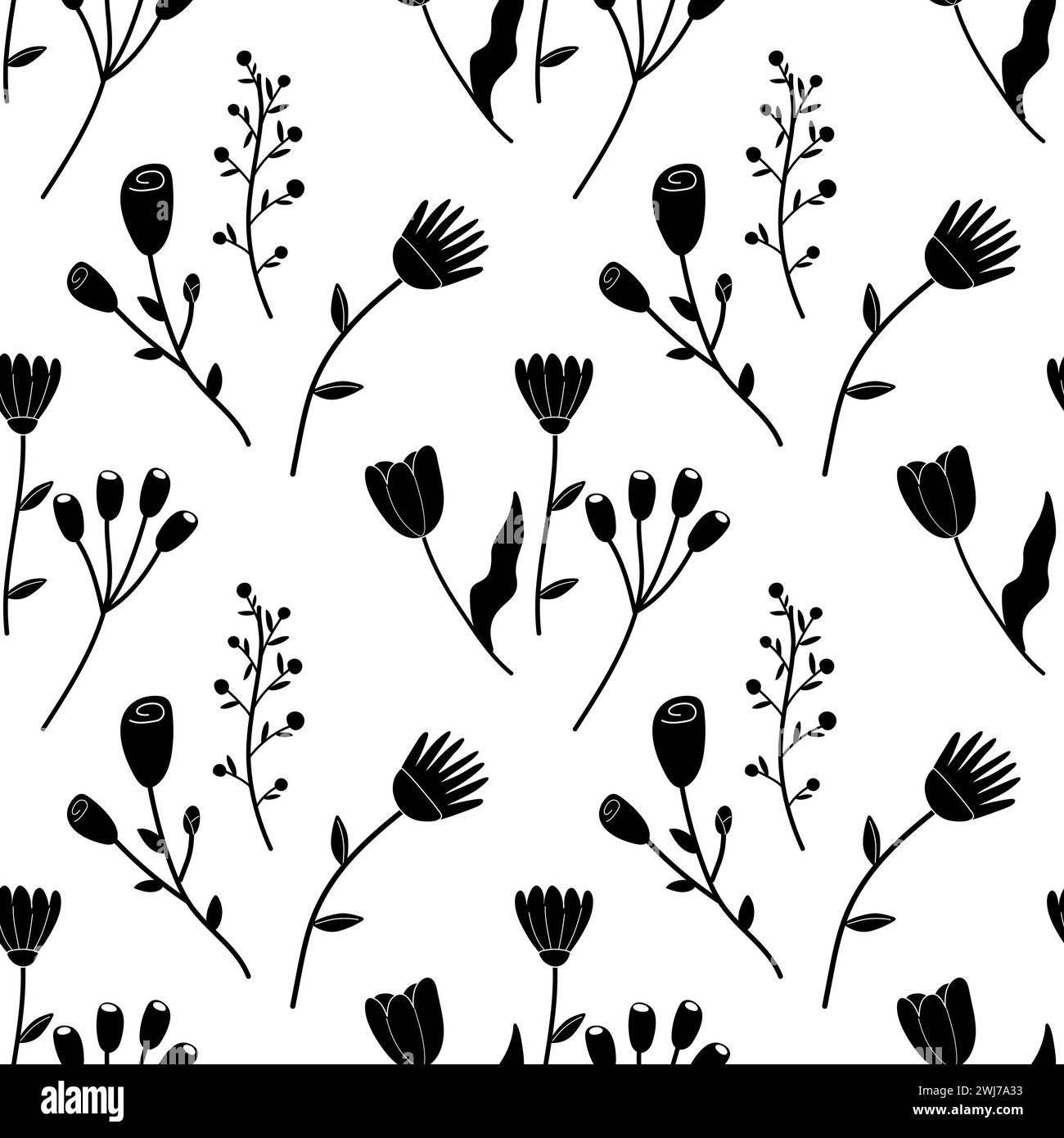 Seamless floral spring flowers silhouettes black white illustration. For your design, wrapping paper, fabric. Stock Vector