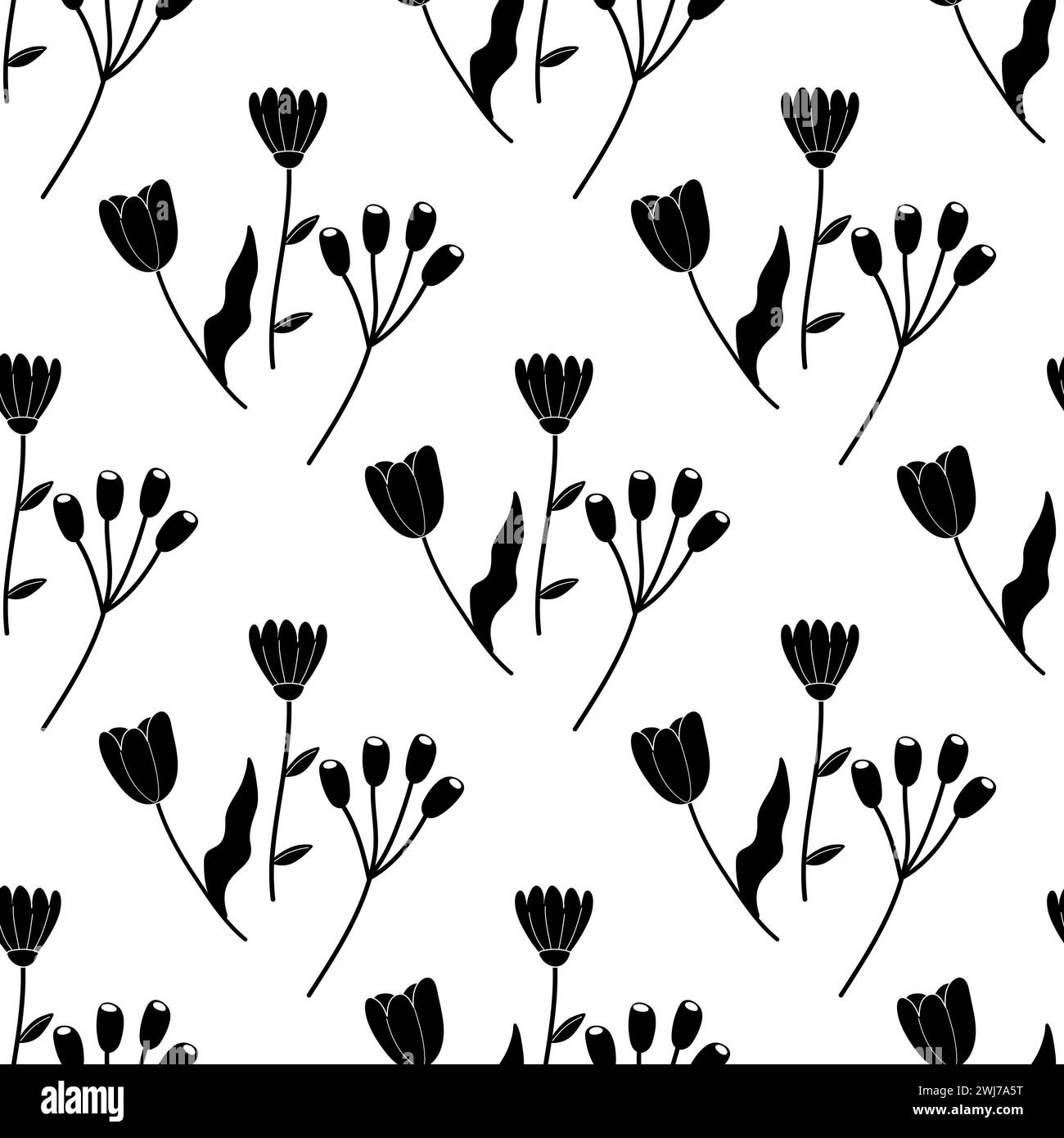 Seamless floral spring flowers silhouettes black white illustration. For your design, wrapping paper, fabric. Stock Vector