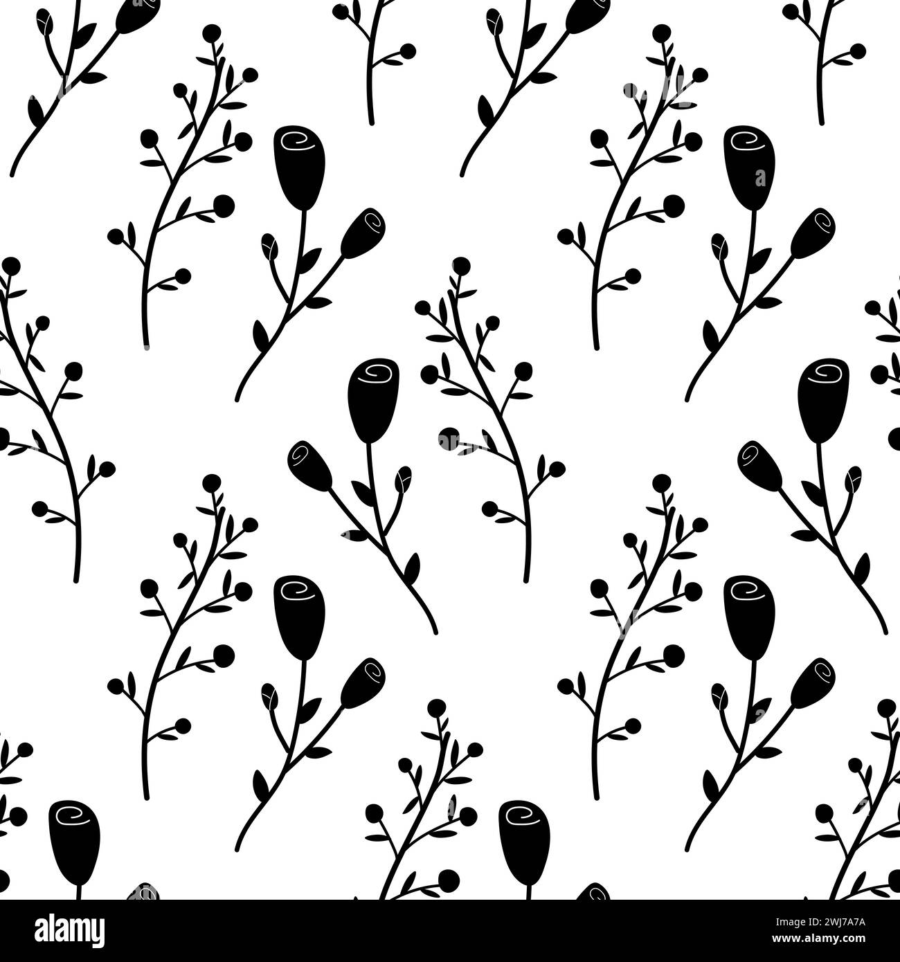 Seamless floral spring flowers silhouettes black white illustration ...