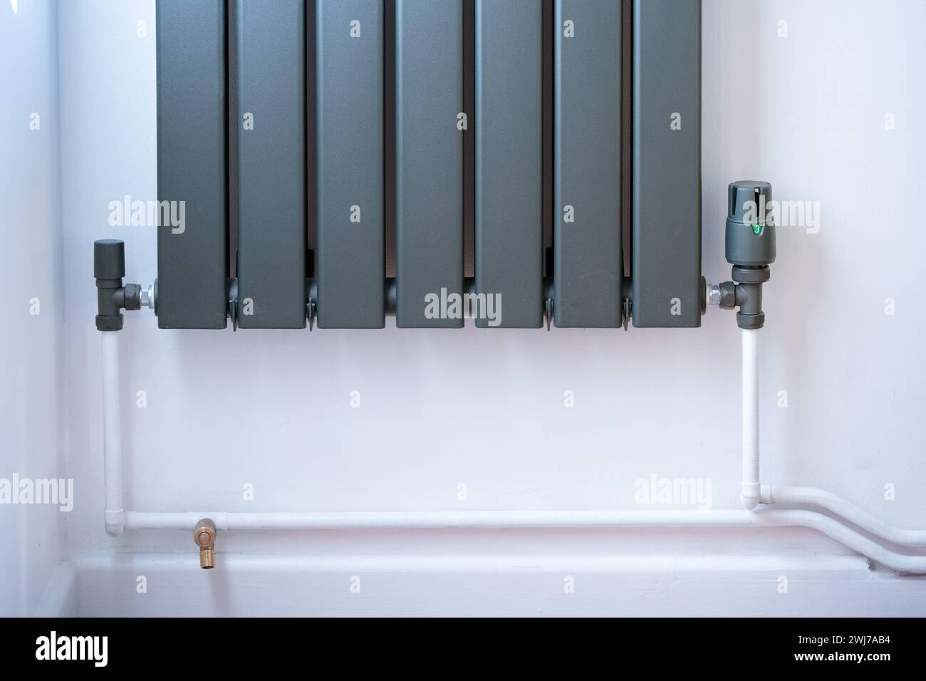 A modern domestic upright radiator fitted with thermostatic angled radiator valves allowing accurate home heating control for central heating systems Stock Photo