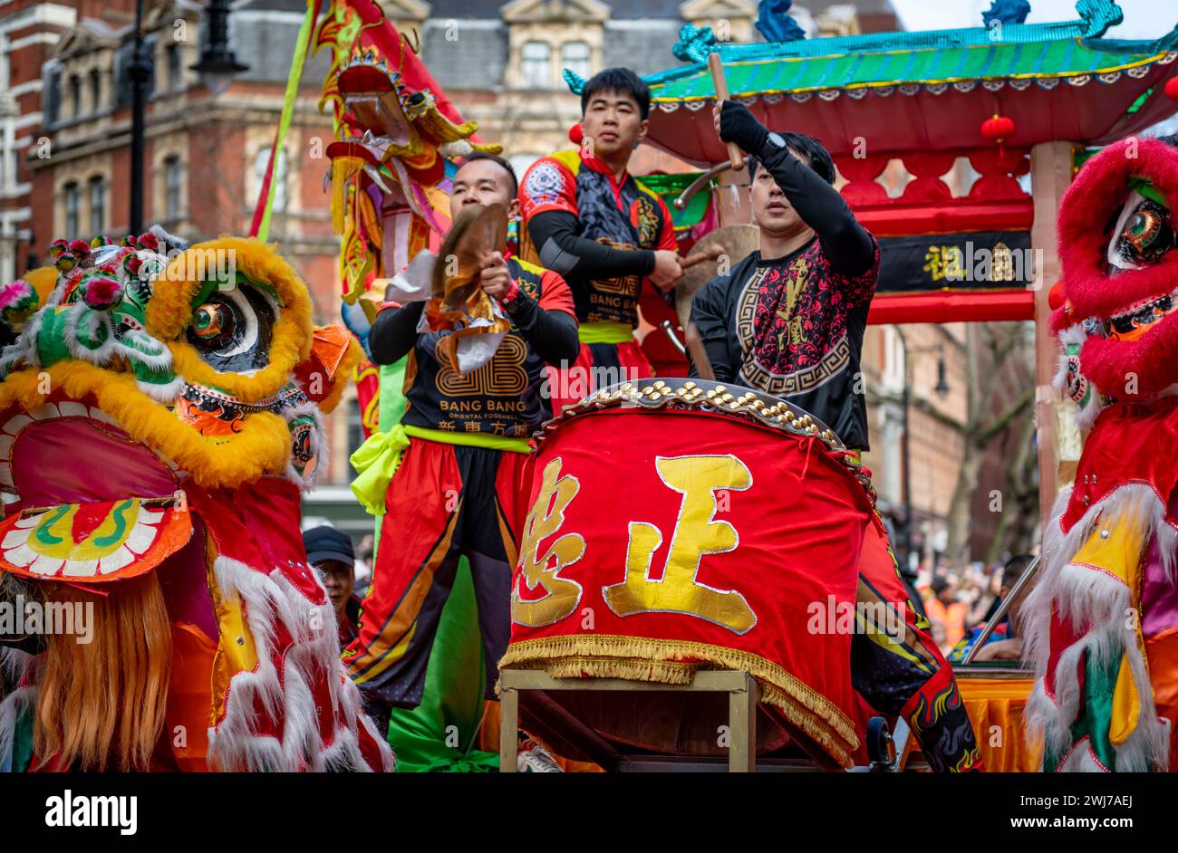 London. UK- 02.11.2024. Music, drumming and lion dance at the Chinese New Year celebration parade in China Town. Stock Photo