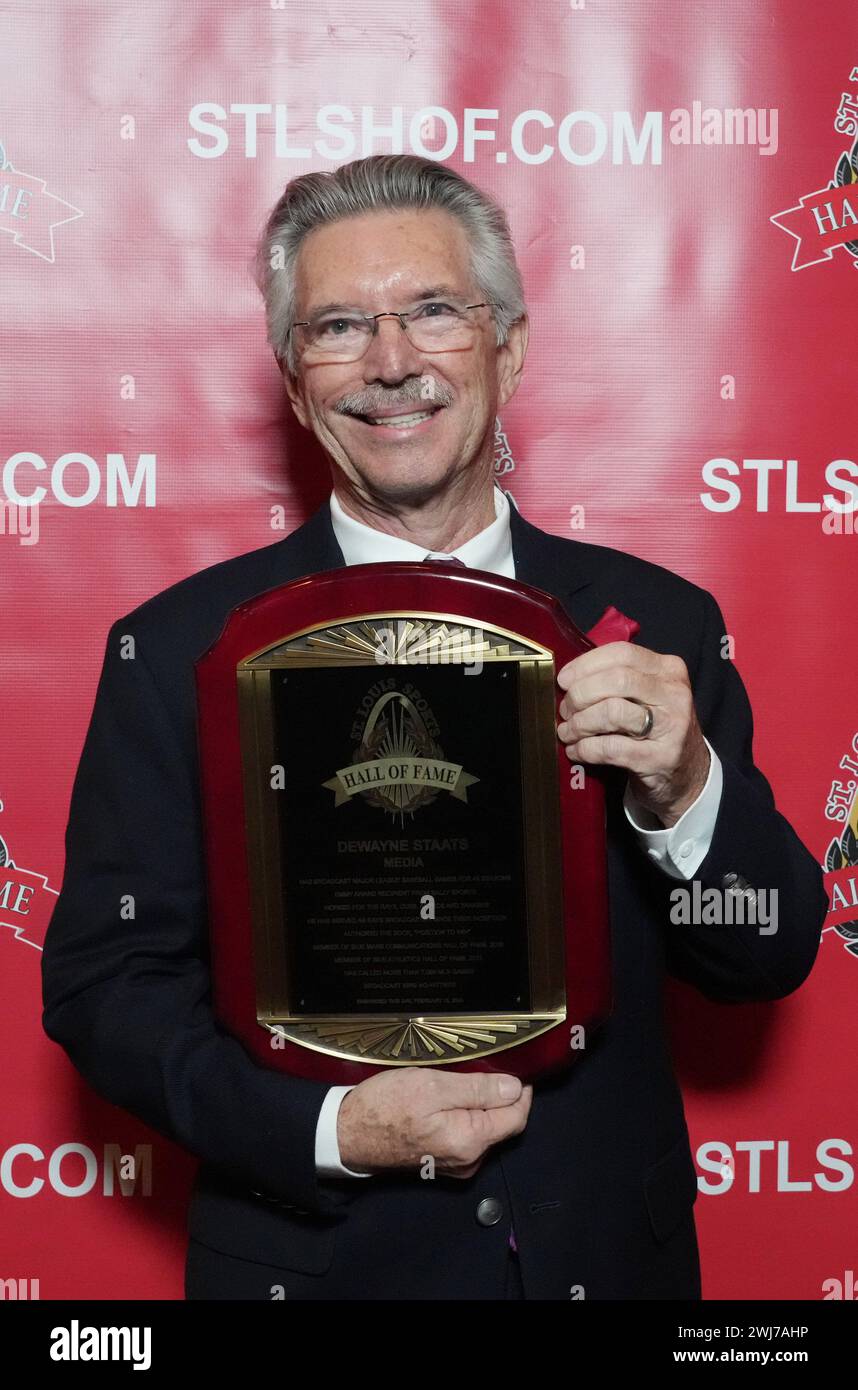 Collinsville, United States. 16th Feb, 2024. Dewayne Staats, baseball play by play announcer for the Tampa Bay Rays for the past 26 years, holds his plaque after being inducted into the St. Louis Sports Hall of Fame in Collinsville, Illinois on Monday, February 12, 2024. Staats has called over 7000 games including the Houston Astros, Chicago Cubs and the New York Yankees. Photo by Bill Greenblatt/UPI Credit: UPI/Alamy Live News Stock Photo
