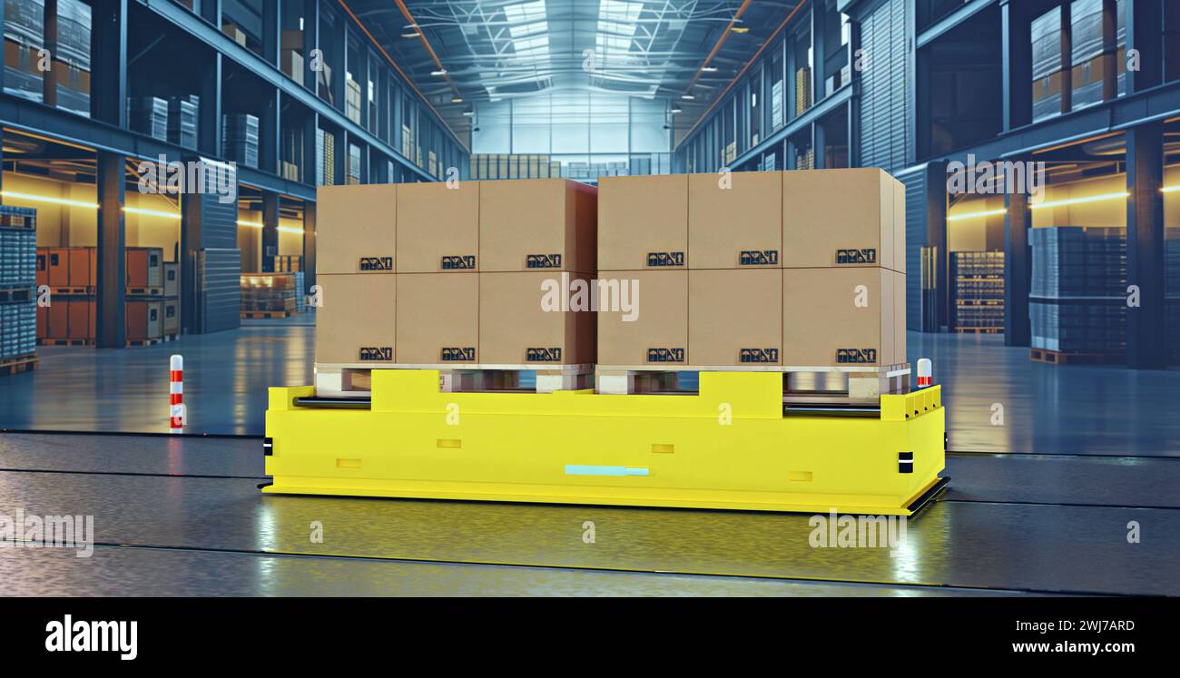 modern warehouse with automation system and robots, 3D illustration Stock Photo