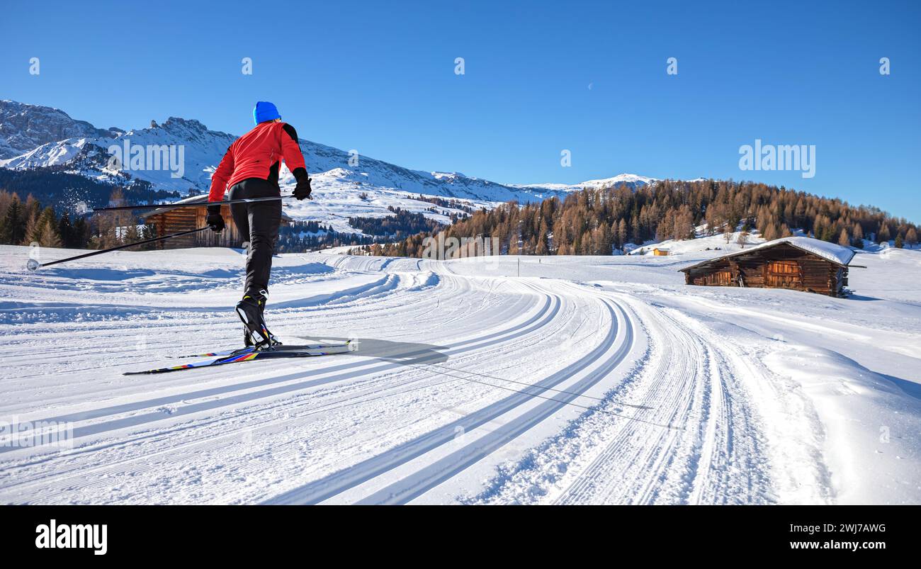 The skiing area Groeden with St. Ulrich, St. Christina and Wolkenstein areas in Dolomite Alps, South Tyrol, Italy Stock Photo