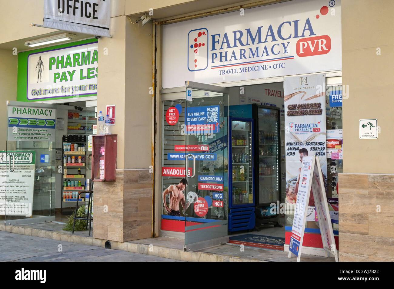 Cabo San Lucas. Mexico - 14 January 2024: Two of the resort's many pharmacies selling over the counter medicines to tourists. Stock Photo