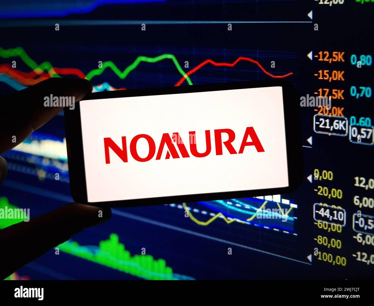 Konskie, Poland - February 12, 2024: Nomura Holdings company logo displayed on mobile phone Stock Photo