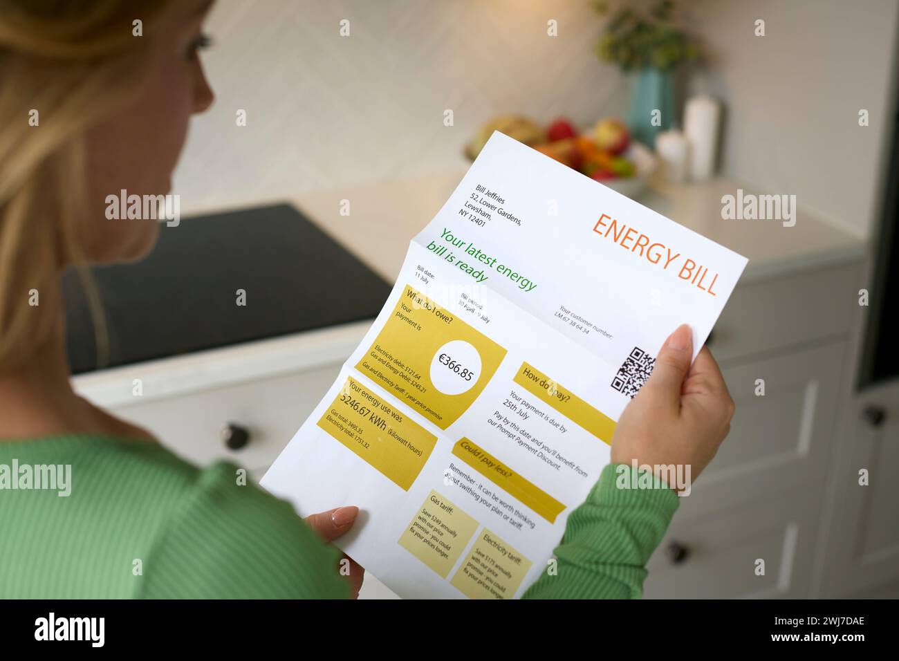 Close Up Of Woman Opening Euro Energy Bill During Cost Of Living Crisis Stock Photo
